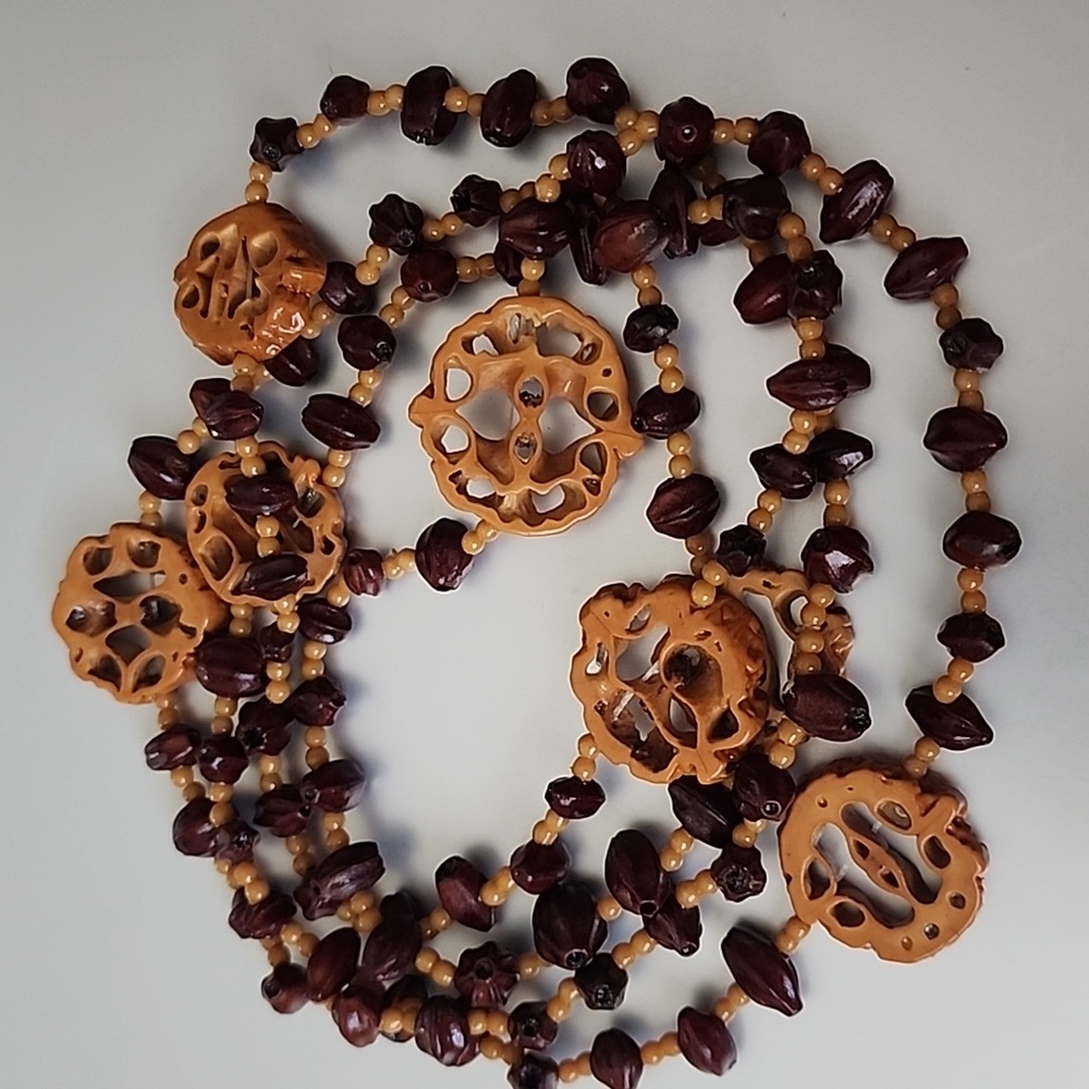 Vintage Polished Walnut Seed Bead Necklace, Hand Carved  Boho Hippie